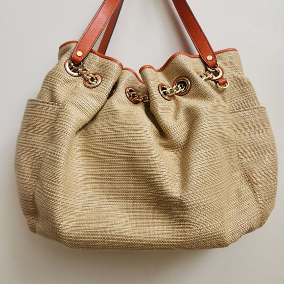 MICHAEL KORS Handbag Women Natural Burlap Canvas & Leather Strap Gold Chain Link - Picture 6 of 15
